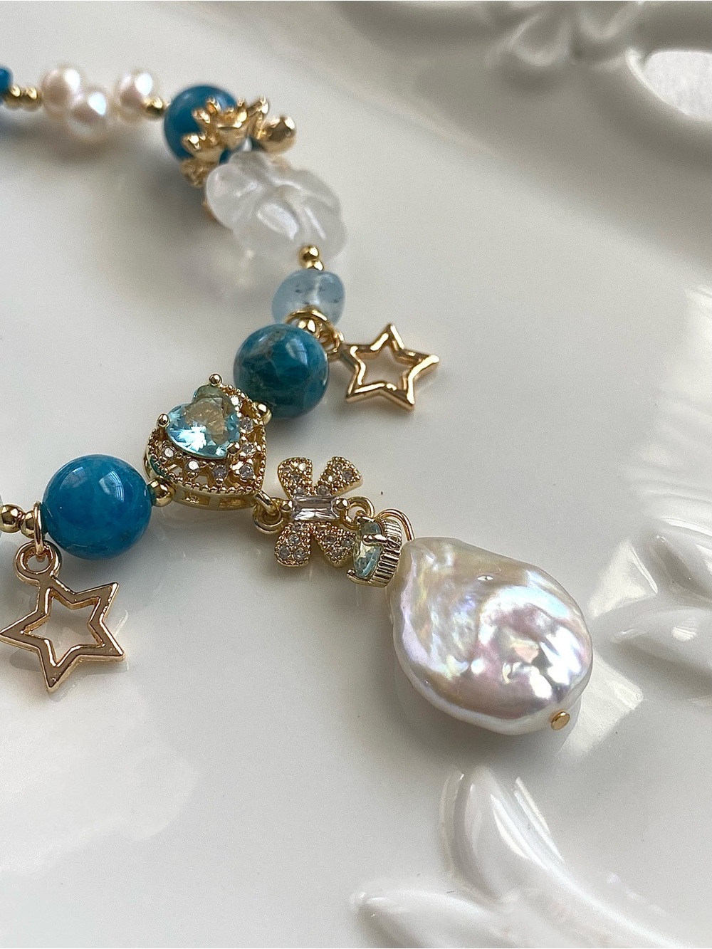 GP71-Handcrafted Apatite And freshwater Pearl Necklace - Picture 6 of 9